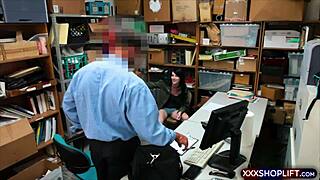 The petite amateur brunette teen got caught shoplifting in the store, so she offered a blowjob and bent over doggystyle fucking