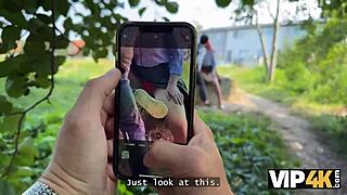 Redhead babe in lingerie flashes shaved pussy and fucks stranger on street while boyfriend watches.