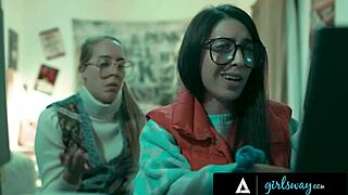 Futuristic milf contrasts with vintage nerdy girls in rough passionate threesome, taking virginity with scissoring and rimjob.