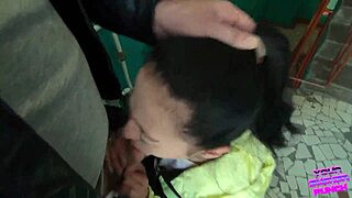 Risky blowjob on public staircase with brunette teen sucking huge cock and swallowing cum pov