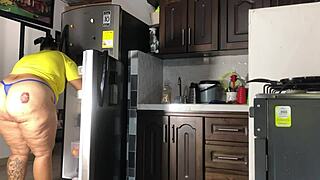 Argentinian guy fucks a curvy Colombian milf hard in the kitchen with big natural tits bouncing. She squirts and takes cumshot after intense doggystyle and missionary pounding.