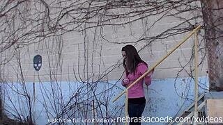 Adorable college girlfriend flashes perfect tits nervously in public around Florida streets for first time excitement