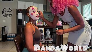 Clown bald ebony Cleo Panda gives bj to bbc and rides it wildly! What a submissive cosplay parody with dripping wet pussy and clothes ripped!