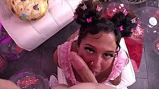 hey, this cute ebony babe gives a super sloppy blowjob until he cums all over her pretty face