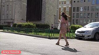 Jeny Smith flashes legs and skirt in public upskirt adventure part two.