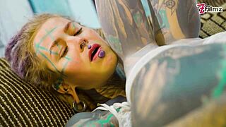 hey check out this sexy alternative chick in fishnets and high heels playing with xl dildo for solo anal fun