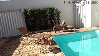 Whoa, check out that monster cock diving into redhead's big tits and ass for intense anal creampie fun by the pool! 💦🍆