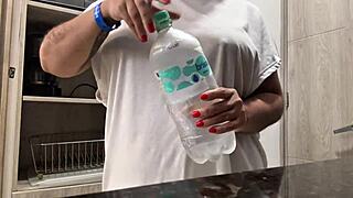 Juicy big natural tits masturbation in hotel kitchen