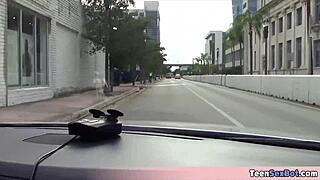 Extra Small 18+ Teen Joseline Handles Parking Ticket with Blowjob Skills Outdoors