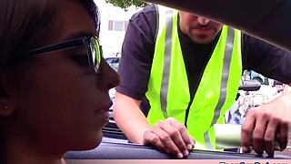 Extra Small 18+ Teen Joseline Handles Parking Ticket with Blowjob Skills Outdoors