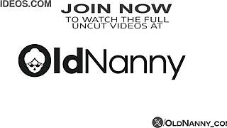 Mature chubby woman straps on huge dildo to lick and fuck skinny girl's shaved pussy in rough missionary and doggystyle.