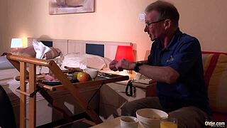 gorgeous blonde teen contrasts with old man fucking to intense orgasm in hotel