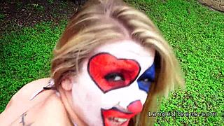 Teen in clown costume contrasts with outdoor banging to cumshot in intriguing public voyeur scene