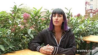 Ersties exhibitionist babe plays with her wet pussy in a public restroom