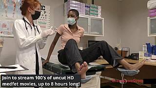 The perverted podiatrist examines a tanned brunette patient in latex gloves, leading to intense tickling and fetish play.