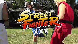 jade kush channels chun li in this wild street fighter cosplay, taking on two big cocks in a hot mmf threesome