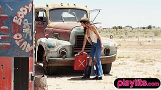 Petite Latina milf undresses outdoors, revealing her small tits and perfect bubble butt in a teasing striptease.