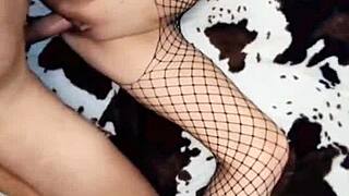 Slender mature woman enjoys time with her friends in stockings