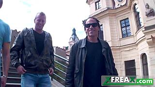 ukrainian girl lina arian warms up in park before gang bang with three guys at home