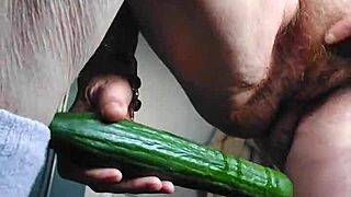 Granny Slut Fucks Hairy Pussy with Cucumber