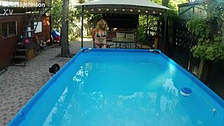 melissa the mermaid shows brown eyes and tattoo by the pool in milf solo scene