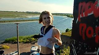 hey spunky teen 18+ model you're getting naked outdoors in miniskirt for sensual photoshoot