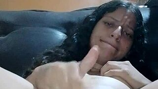 Hot Latina amateur with natural tits masturbates wildly on furniture and almost gets caught!