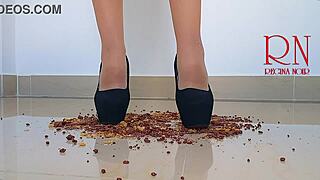 Cornflakes get destroyed with high heels boots on the floor