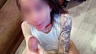 Juicy pov blowjob from cute blonde babe in bedroom.