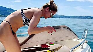 boat wash in sexi thong swimsuit, summer is here with blonde babe on beach