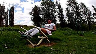 Teasing bike ride flashes panties under miniskirt, drawing an old guy's lust for outdoor anal pounding and gaping cumshot