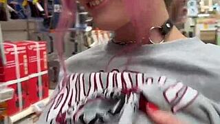 busty babe, look at me flashing my pierced tits all over the home store