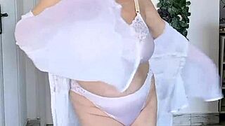 busty granny dances seductively in sexy lingerie stockings homemade big tits