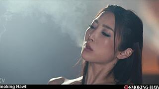Sexy leather Japanese Asian girl Emiri teases with smoking blowjob cigarette smoke doggystyle cumshots?