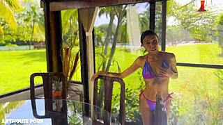 Petite Latina Violeta Grey Delivers Oily Footjob with Cum on Feet