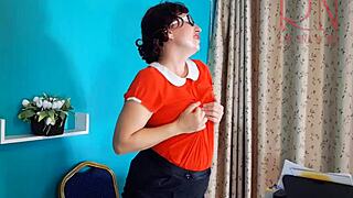 Naughty French secretary masturbates pussy under office desk on retro security camera