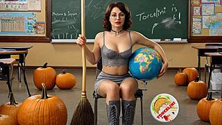 Torcelini Halloween Witch Teacher Rides Broomstick in Shaved Pussy Lesson