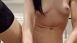 Petite brunette fucks tight kitchen pussy with toys 🔥💦