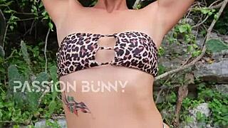 Hey, watch this cute bikini girl dance and finger outdoors!