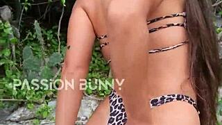Hey, watch this cute bikini girl dance and finger outdoors!