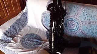 Petite brunette milf rocks total black latex fishnets pantyhose knee boots